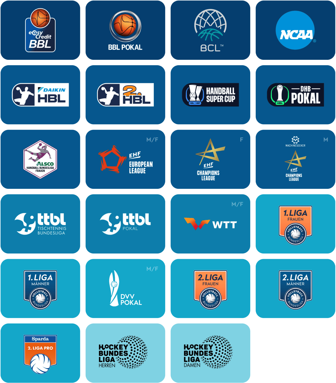 Ein Raster mit verschiedenen Logos von Sportligen und Turnieren, darunter Basketball, Handball, Tischtennis, Volleyball und Hockey.