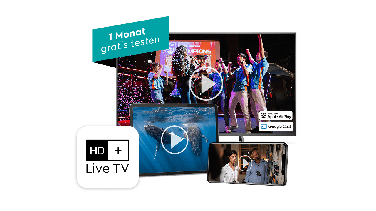 Collage von Streaming-Geräten, die Sport-, Natur- und Drama-Inhalte zeigen, mit dem Banner „1 Monat gratis testen“. Symbole für Apple AirPlay und Google Cast.