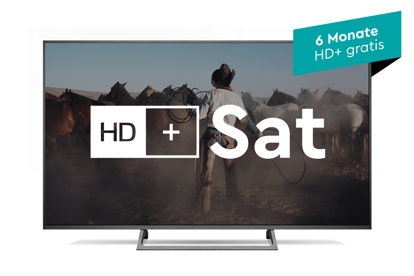 Ein Fernseher, auf dem eine Cowboy-Szene mit dem Text „HD+ Sat“ eingeblendet ist. Auf einem grünen Etikett steht „6 Monate HD+ gratis“.