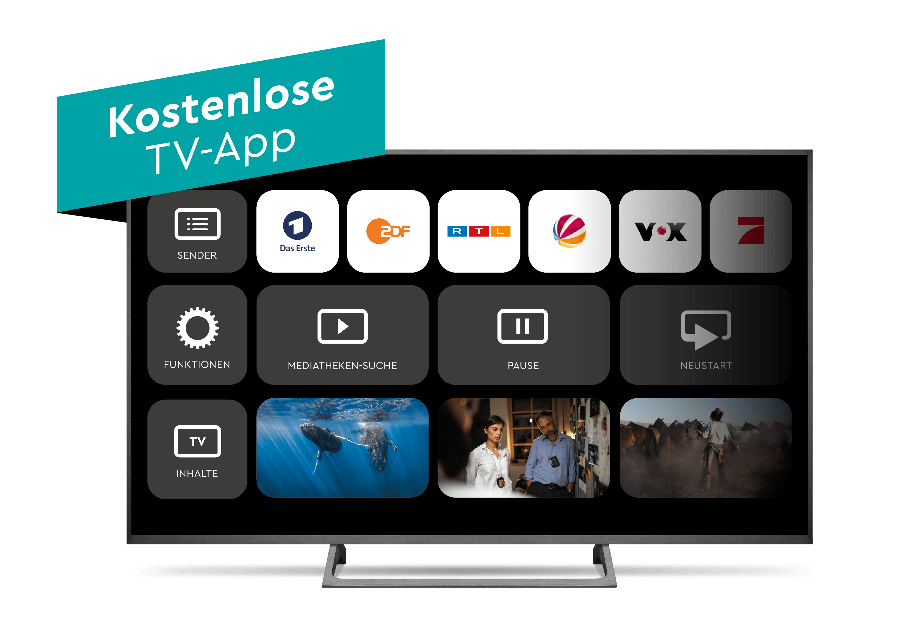 TV-Bildschirm mit einer Übersicht von App-Symbolen und Bildern, darunter ein Banner mit der Aufschrift „Kostenlose TV-App“.