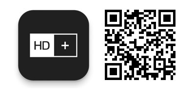Schwarzes App-Symbol mit dem Text „HD+“ auf der linken Seite und einem QR-Code auf der rechten Seite vor weißem Hintergrund.