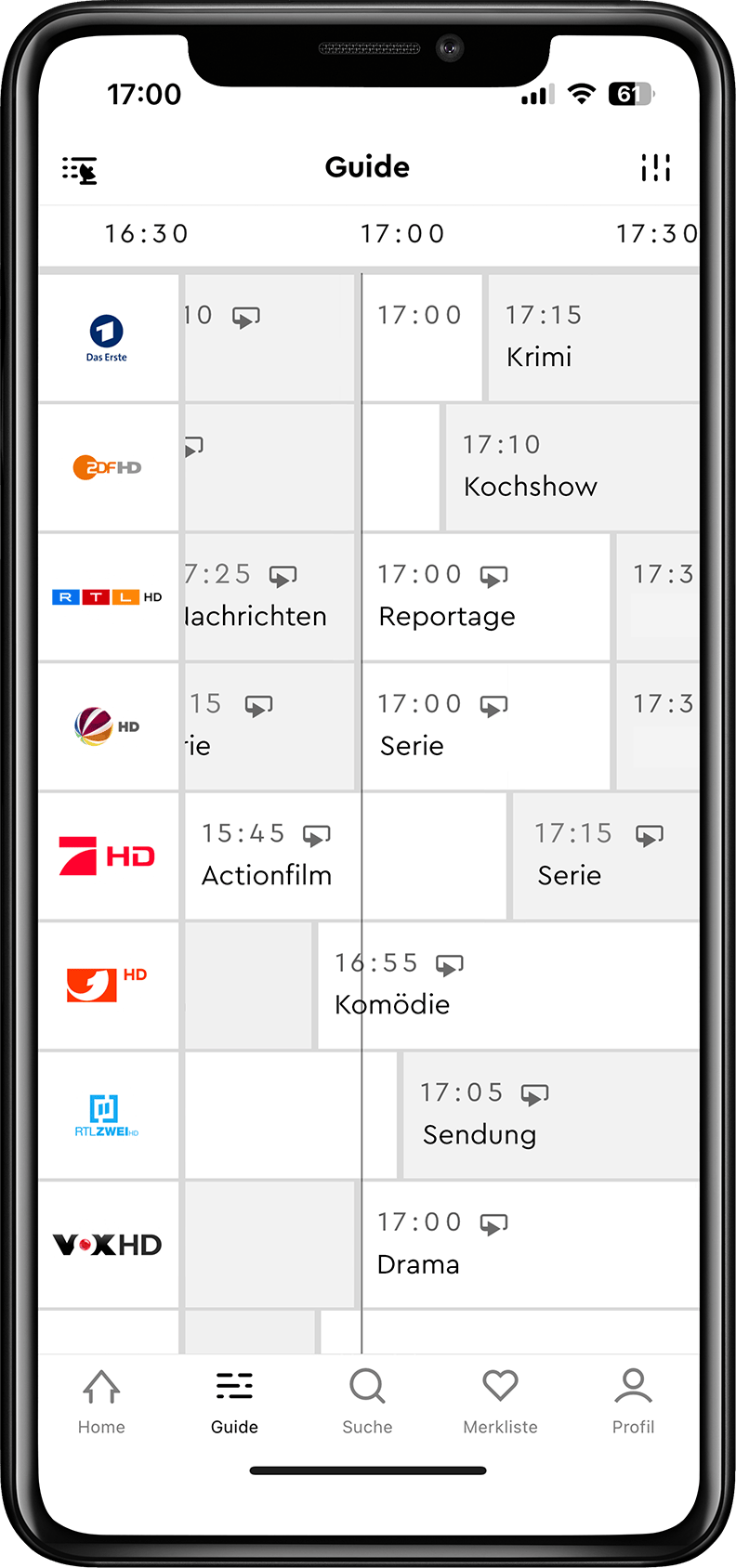 Smartphone zeigt eine TV-Guide-App mit verschiedenen Kanälen, Logos und geplanten Programmen wie Nachrichten, Serien und Filmen, sortiert nach Uhrzeit.