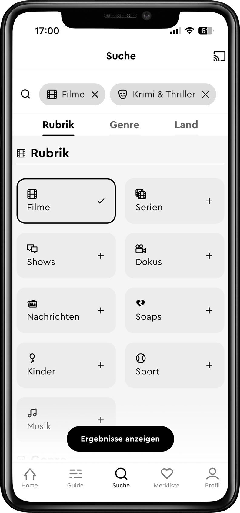 Smartphone-Bildschirm mit einer Suchoberfläche in deutscher Sprache mit Kategorien wie Filme, Serien, Shows und mehr sowie einer Schaltfläche „Ergebnisse anzeigen“.