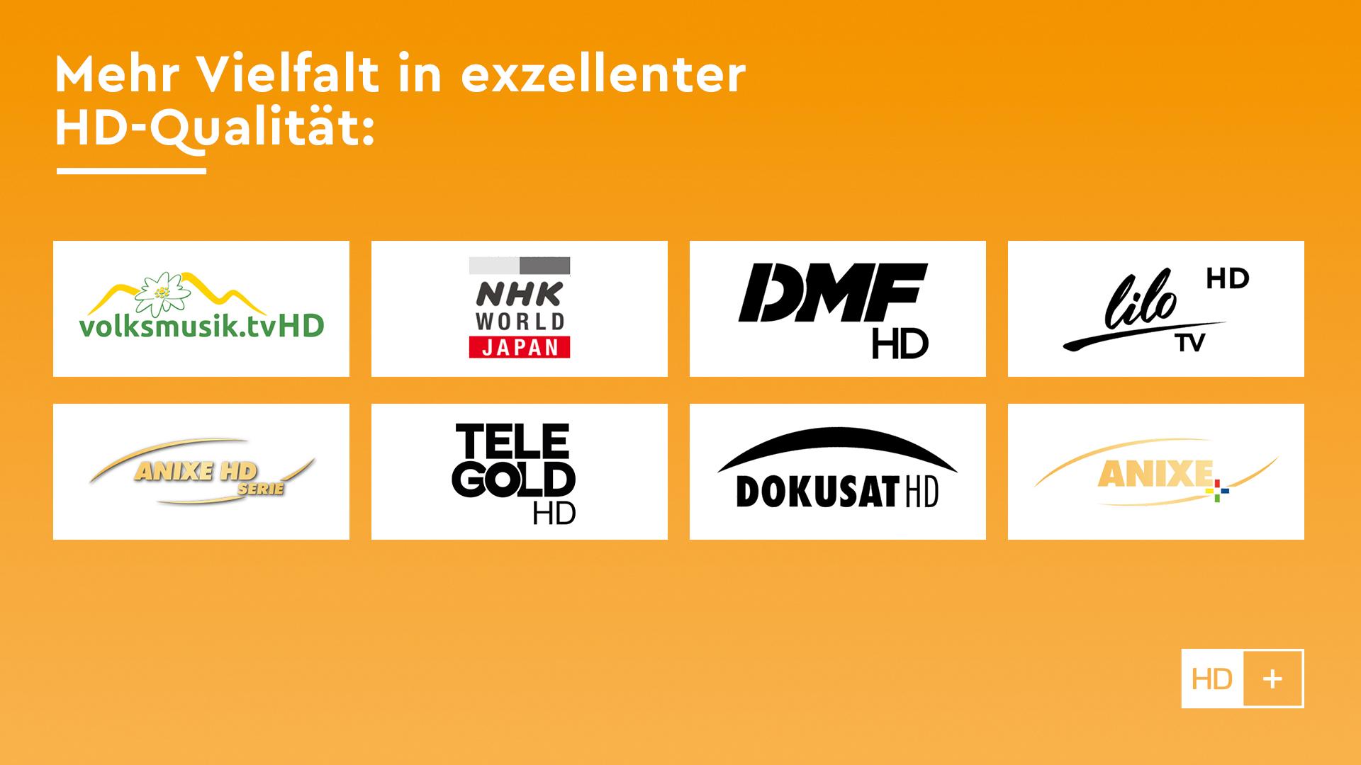Oranger Hintergrund mit dem Text „Mehr Vielfalt in exzellenter HD-Qualität“ und Logos von acht Fernsehsendern, darunter Volksmusik.tv HD und NHK World Japan HD.