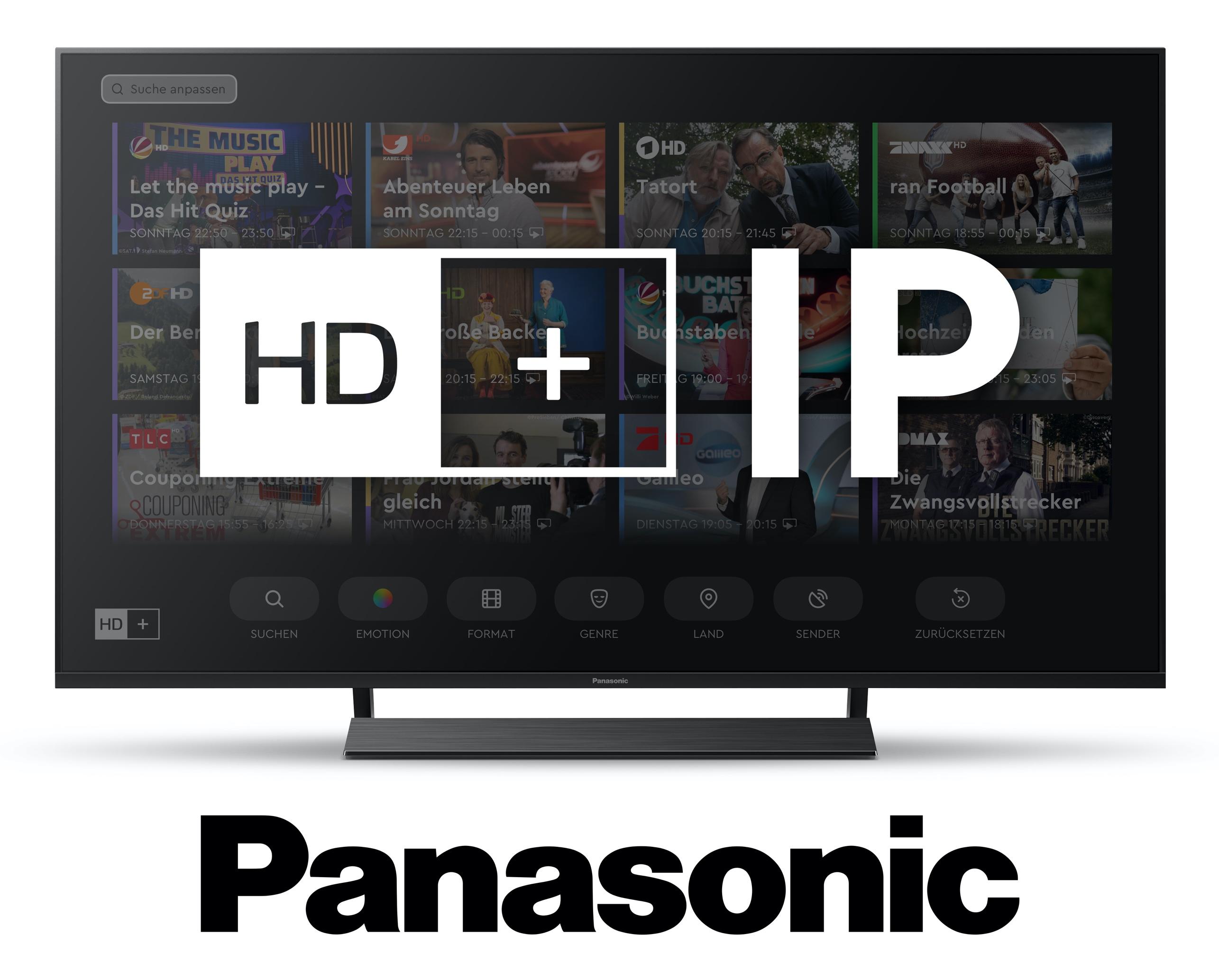 Panasonic-Fernseher zeigt die HD+ IP-Streaming-Service-Oberfläche mit verschiedenen Kanaloptionen auf dem Bildschirm.