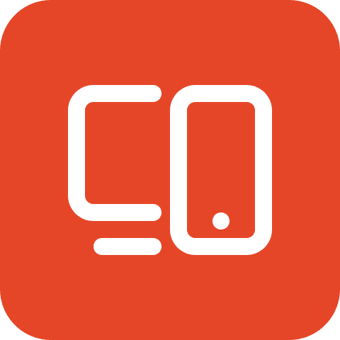 Rotes quadratisches Symbol mit weißer Umrisszeichnung eines Computerbildschirms und Smartphones, das digitale Konnektivität symbolisiert.