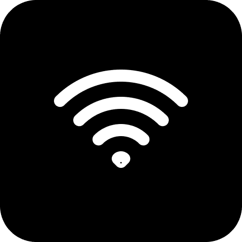 Weißes WLAN-Symbol auf schwarzem Hintergrund, mit geschwungenen Linien, die von einem zentralen Punkt ausgehen und drahtlose Verbindung anzeigen.