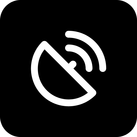 Weißes Satellitenschüssel-Symbol mit zwei Signalwellen auf schwarzem Hintergrund.